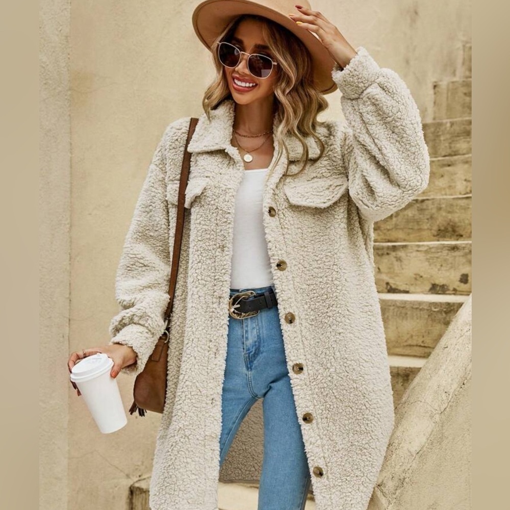 SHEIN Cream Teddy Sherpa Coat Size L Oversized Longline Jacket